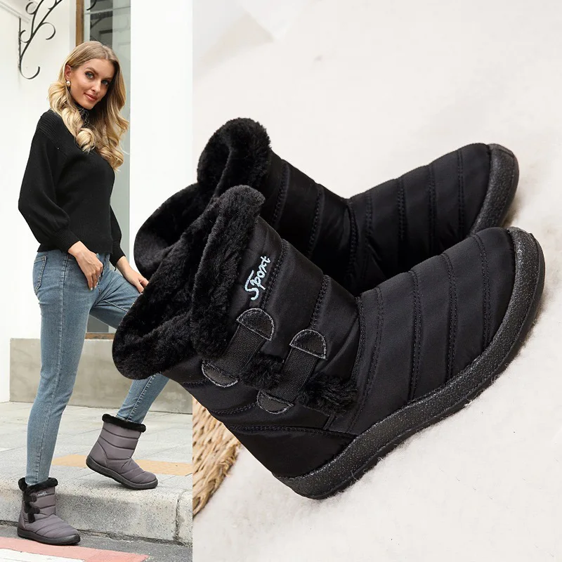 Women boots 2022 winter waterproof snow warm plush solid casual women shoes slip-on flat ankle plus size | Обувь