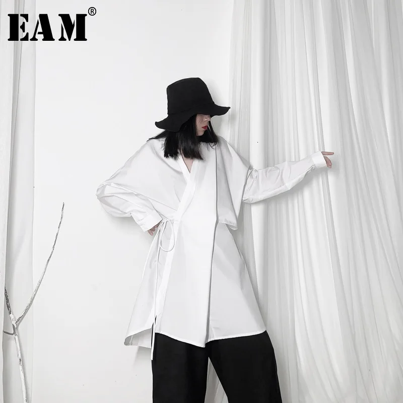 

[EAM] Women Asymmetrical Big Size Long Blouse New Lapel Long Sleeve Loose Fit Shirt Fashion Tide Spring Autumn 2020 19A-a586
