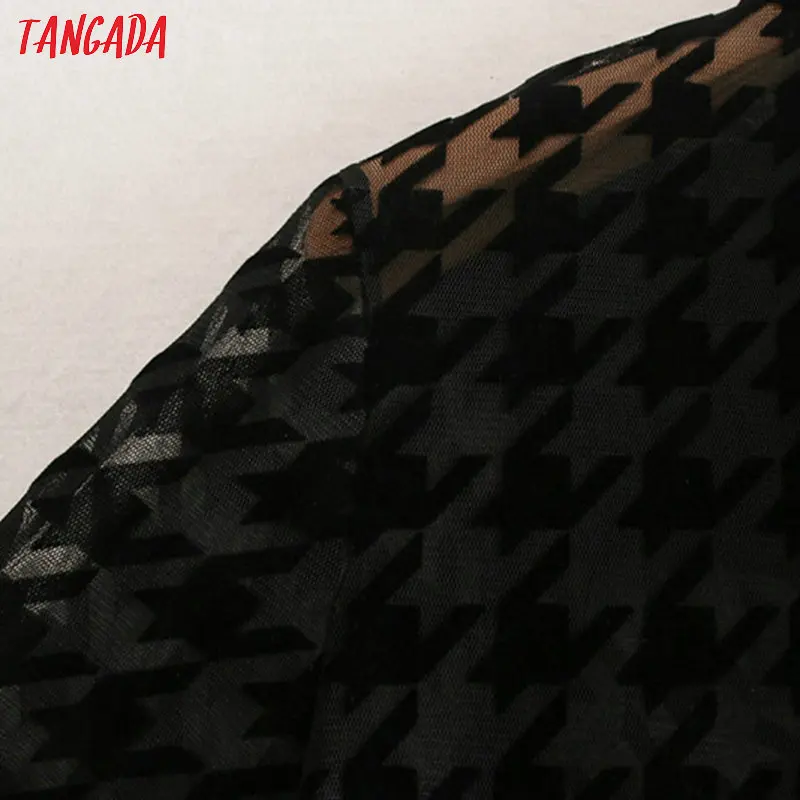 Tangada, Женская шикарная черная Флокированная блузка, галстук-бабочка, v-образный вырез, длинный рукав, женские прозрачные майки, Стильные топы, blusas 2W96
