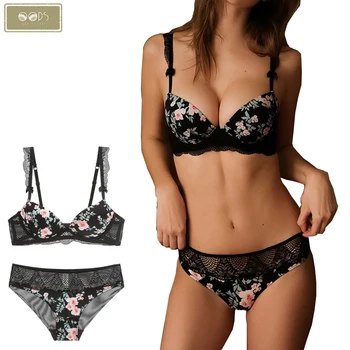 

Women Printing Bras Comfortable Smooth Underwear Set Deep V Sexy Push Up Brassiere Panties Sets Thick Bras Lace Lingerie Sets