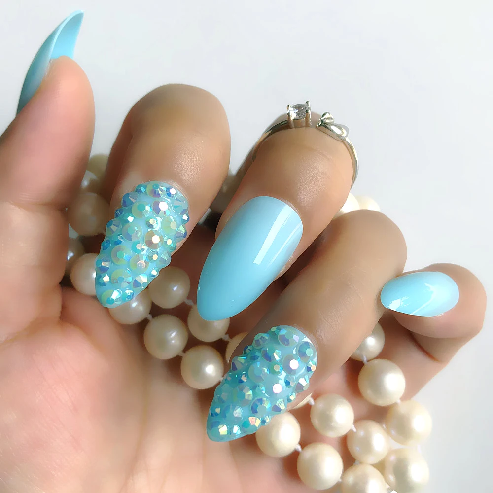 SKY BLUE Custom Full Rhinestones Decoration Sequins Stiletto Fake Nails Set Crystal Press On Nails Marvel Medium False Nails