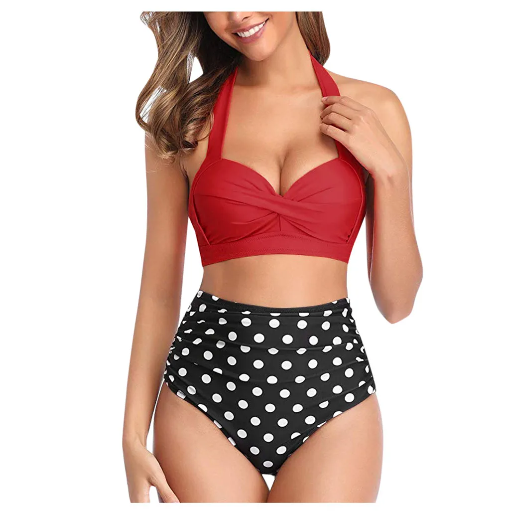 Bañador Vintage de dos piezas para mujer, traje de baño Retro con cuello Halter fruncido de cintura alta, conjunto de Bikini estampado negro de poliéster, n. ° 40