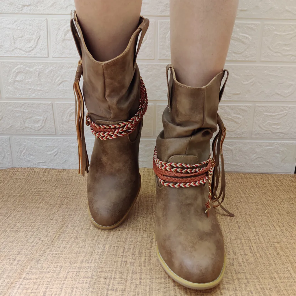 Gladiator Women's Rome Motorcycle Boots Winter Wide Calf Leather Short Boot Vintage Female Western High Heel Cowboy Shoes Tassel