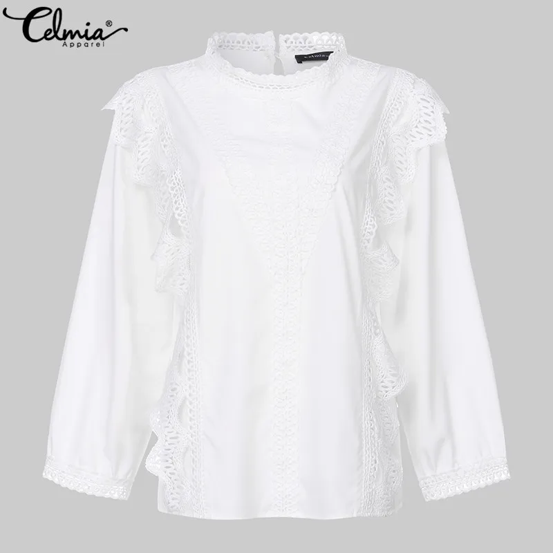 Женские белые блузки cellumia, Осенние кружевные рубашки с длинным рукавом размера плюс, туники, топы, повседневные офисные женские блузки размера плюс