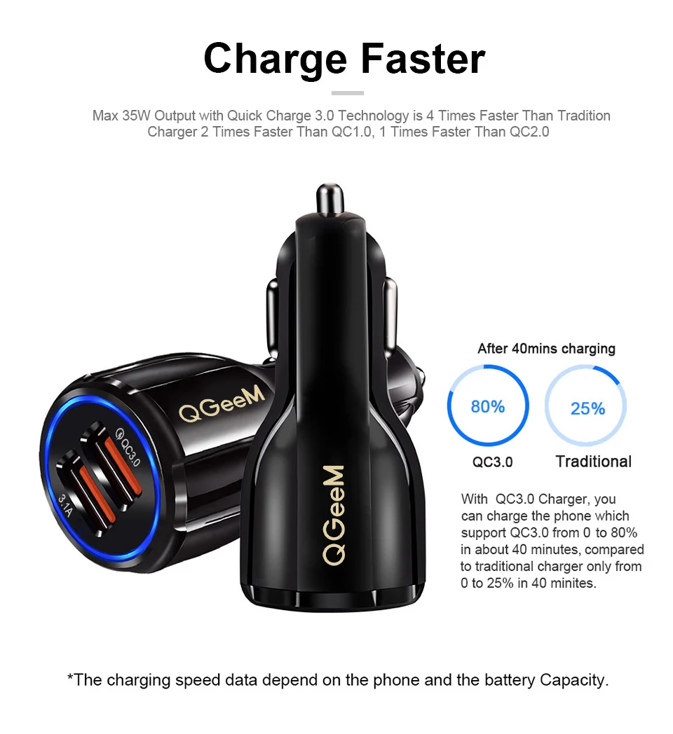 usb c power adapter 20w QGEEM Dual USB QC 3.0 Car Charger Quick Charge 3.0 Phone Charging Car Fast Charger 2Ports USB Portable Charger for iPhone Xiaom quick charge 2.0