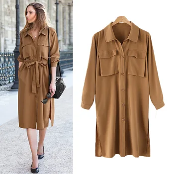 

Women Dress 2019 Spring and Autumn New Large Size Dress Solid Color Wild Waist Dress