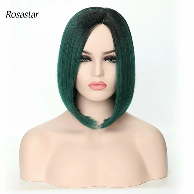 Synthetic Short Ombre Dark Root to Wine Red  Straight 13.5Inch Bob Hair Wig for Women Natural Looking Daily Use or Cosplay Wig Black to Green