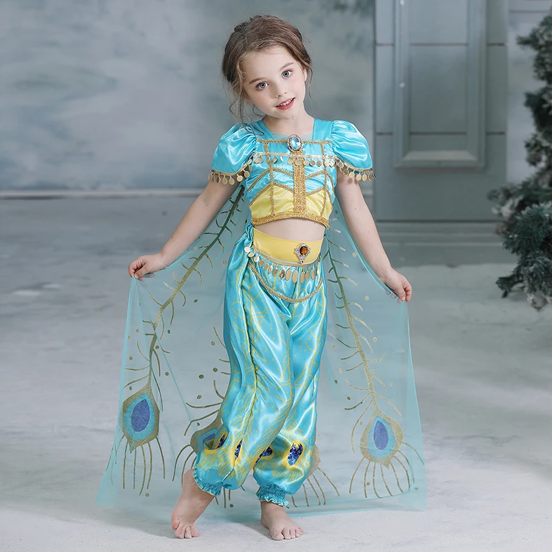 Платье для девочек; костюм принцессы в арабском стиле; детский маскарадный костюм с блестками; одежда Аладдина Жасмин; вечерние костюмы Эльзы на Хэллоуин; нарядная одежда