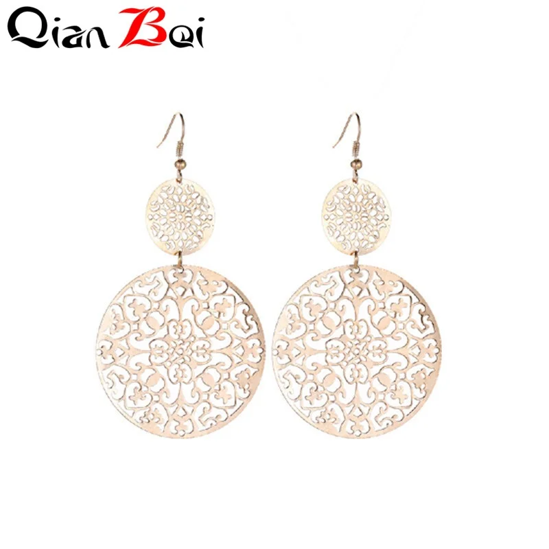 

QianBei New Exaggerated Metal Big Circle Atmospheric Disc Multi-level Fashion Retro Round Style Hollow Ladies Earrings