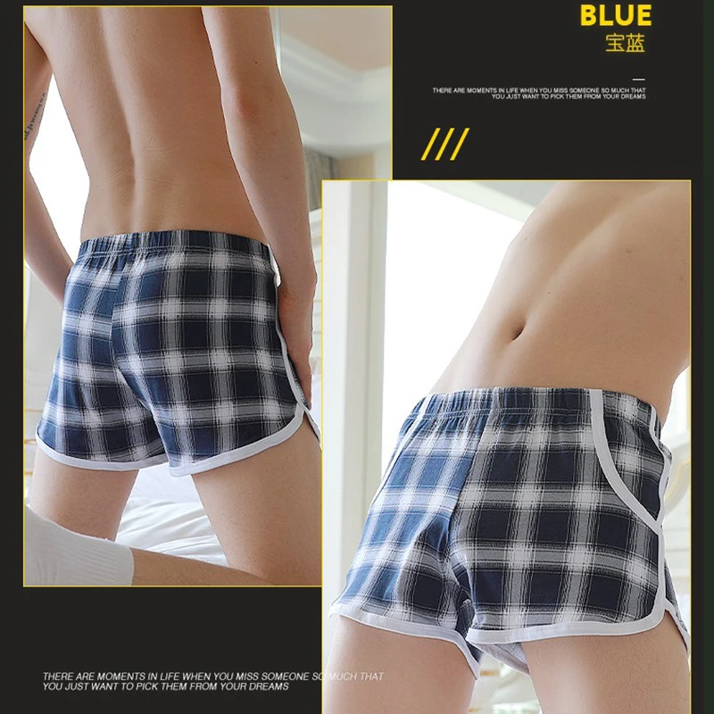 mens cotton pajama sets Summer Mens Cotton Sleep Bottoms Side Split Pouch Pyjamas Boxer Shorts Casual Male Plus Size Loose Plaid Home Underwear jockey pajama pants