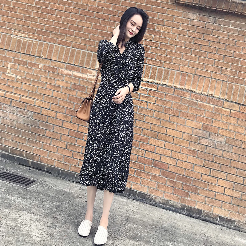 

Women Autumn long Sleeve Casual Chiffon Polka Dot Dress Spring Bohemian Sundress Vestidos