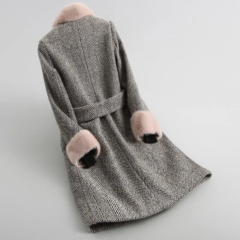 

2020 Winter Tweed Wool Blend Coats Thick Warm Natural Lamb Fur Liner Long Jacket Real Mink Fur Collar Coat 38323 WYQ3932