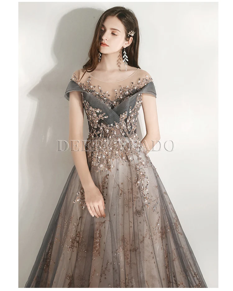 DEERVEADO MFY102 Luxury Appliques Prom Dresses Long 2020 Cap Sleeve Formal Party Dress Prom Gown with Train Robe De Soiree