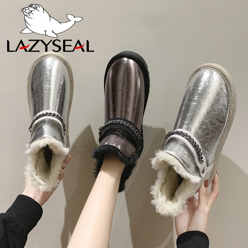 

LazySeal 2019 New Style Women Shoes Fashion Chain Silver Winter Warm Plush Snow Boots Girl Shoes College Students Hot Sale Boots