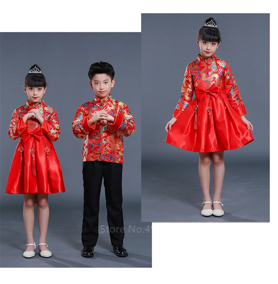 Новогоднее платье Hanfu в китайском стиле для мальчиков и девочек красные костюмы для народных танцев с вышивкой в стиле Танг для сцены 110-160 см