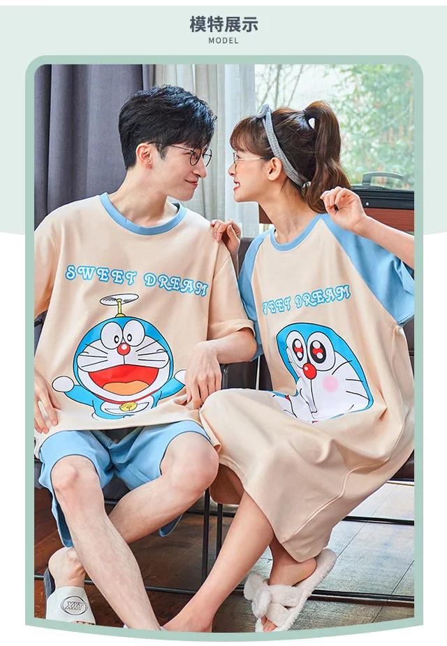 Cartoon Anime Doraemon Pajamas Set Women Cotton Plus Size Blue Patchwork Short Sleeve Kawaii Sleepwear Summer Homewear Female satin pajamas for women