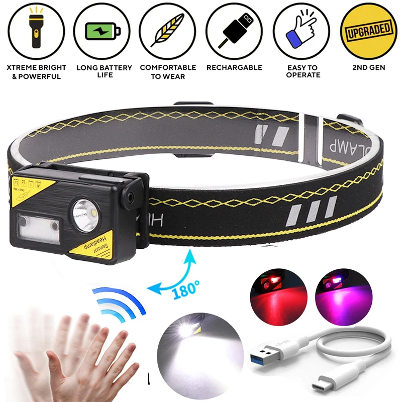 

Motion sensor LED headlamp 6-mode 180-degree headlight with reflective headband with USB charging built-in battery power display