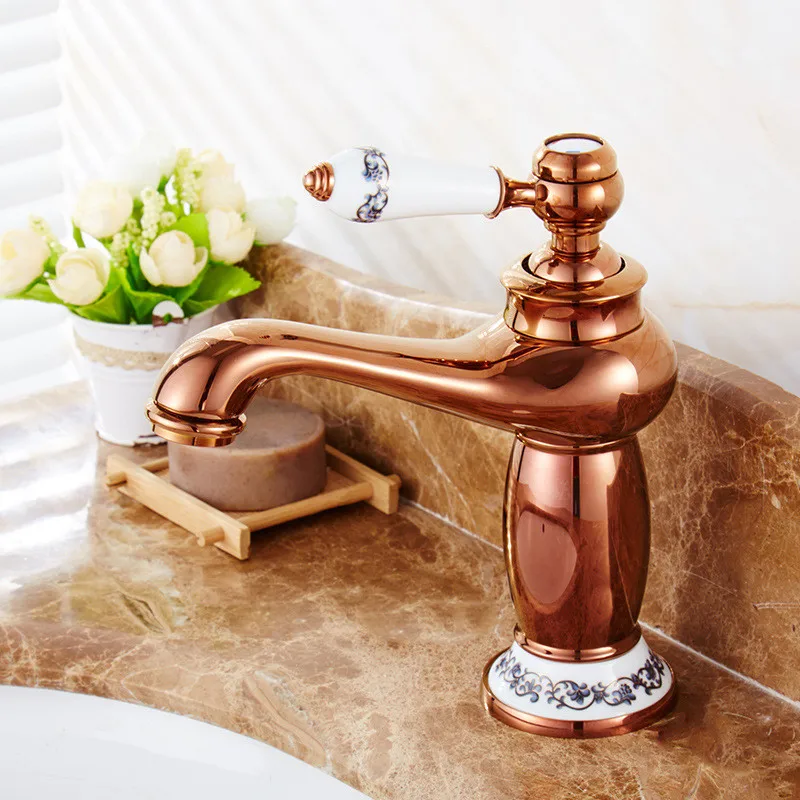 

Basin Faucet Sink Mixer Soild Brass Hot & Cold Single Handle Lavatory Crane Bathroom Rotating Water Taps Blue & White Porcelain