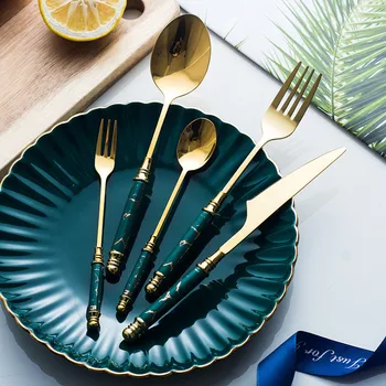

5pcs Green white Ceramic Tableware Fork Spoon Knife Set Vintage Cutlery Set 304 Stainless Steel Dinner Dinnerware Set