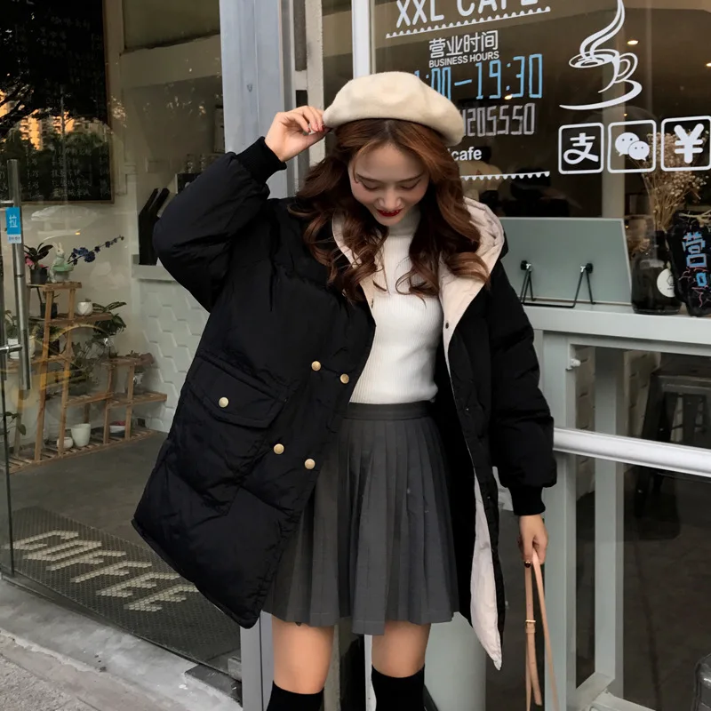 

Photo Shoot 2019 Winter Loose-Fit Contrast Color Big Hat Hand Cotton of Double Breasted Mid-length Thick Cotton Coat Women Coat