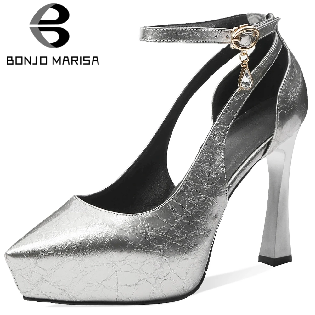 

BONJOMARISA New Spring Cool Office Metallic Pumps Fashion Pointed Toe Ankle Strap Pumps Women High Thin Heels Party Shoes Woman