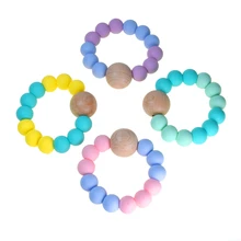 Best Offers Mabochewing 1pcs Baby Teething Silicone Beech Wooden Round Beaded Bracelet Chewing Rattle Toys BPA FREE Teethers