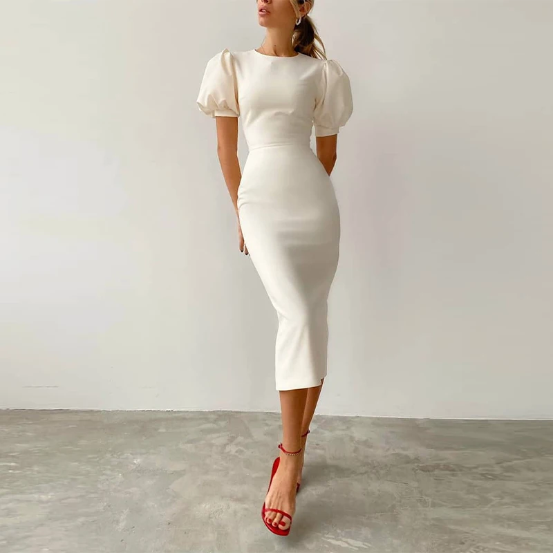 

Bubble Sleeve O-neck Bodycon Woman Dress Solid Slim Waist Bandage Skinny Striped Female Dresses Zippers Office Lady Vestidos