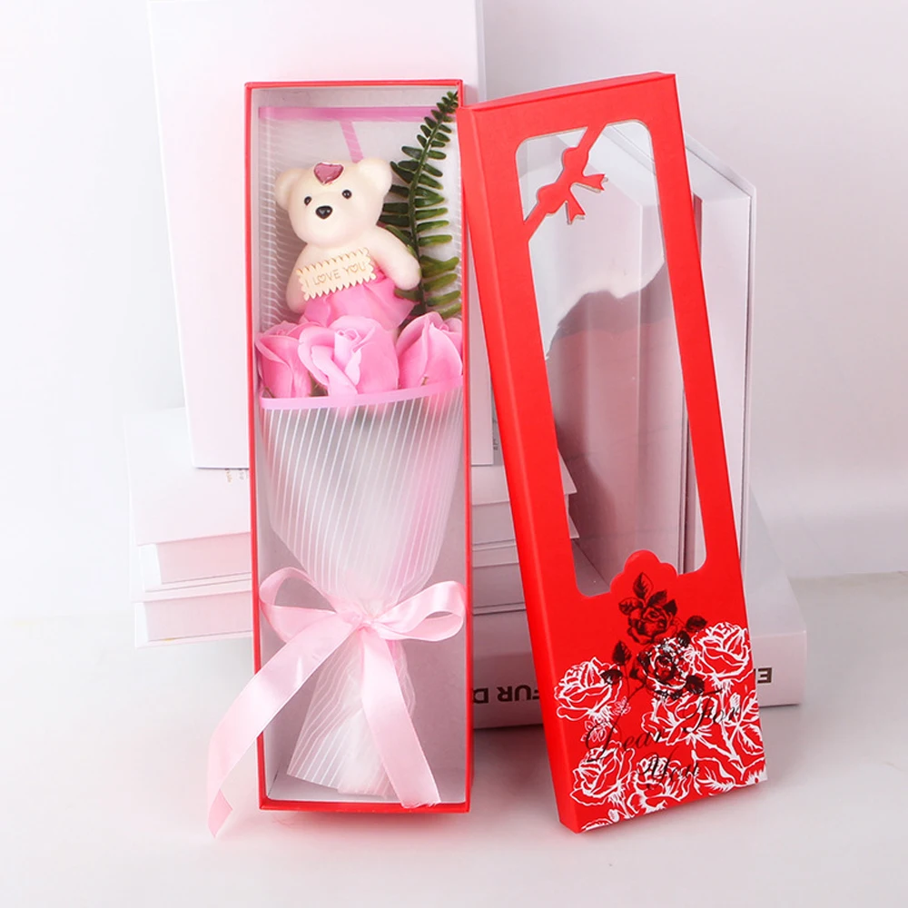 Мыло роза цветок милый медведь плюшевый медведь роскошный подружка подарок на день Святого Валентина(3 розы+ медведь - Цвет: Розовый