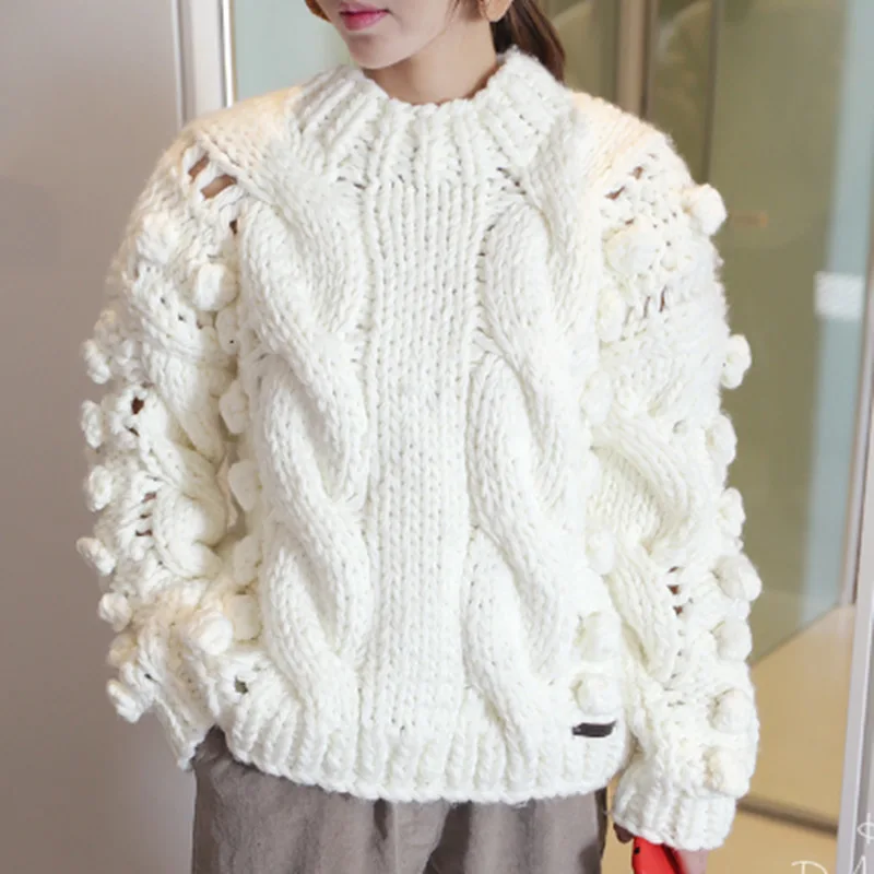 Повседневный Свободный вязаный Повседневный свитер с помпоном, женские модные пуловеры с длинными рукавами и перекрещивающимися вставками, элегантные женские джемперы с круглым вырезом - Цвет: Белый