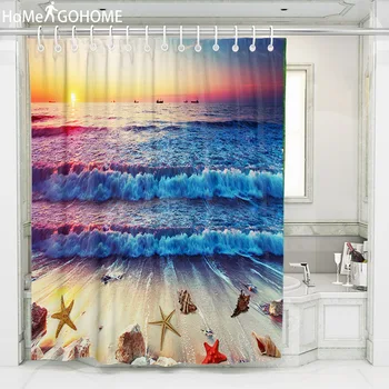 

Ombre Sunrise Gradient Seascape Shower Curtains Bathroom Curtain Thicken Waterproof Bath Curtain with Hooks for Home Decoration