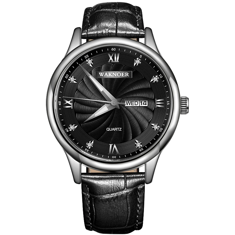 

WAKNOER Multifunctional Quartz Watch Men Week calendar Black With Diamonds High Quality Belt Luminous clock Montre Homme