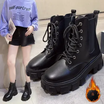 Zapatos de lujo de marca de diseñador para mujer, Botas cálidas de terciopelo con plataforma, Botines con cordones, Hembra, para invierno, 2020