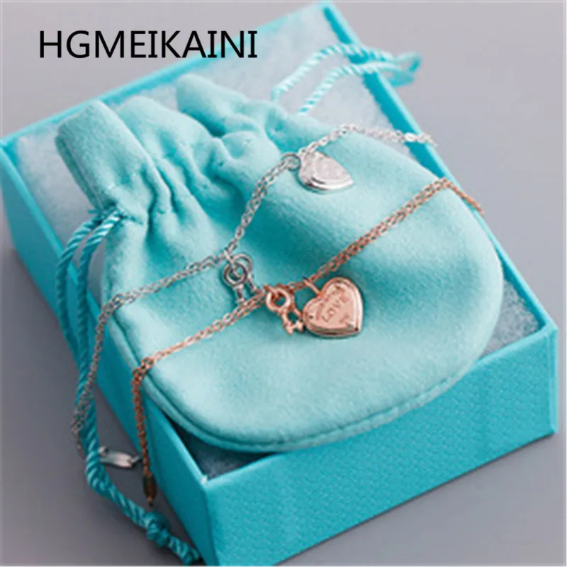 

TIFF original 925 sterling silver heart pendant and keys bracelet charm women rose gold mail shipping jewellery