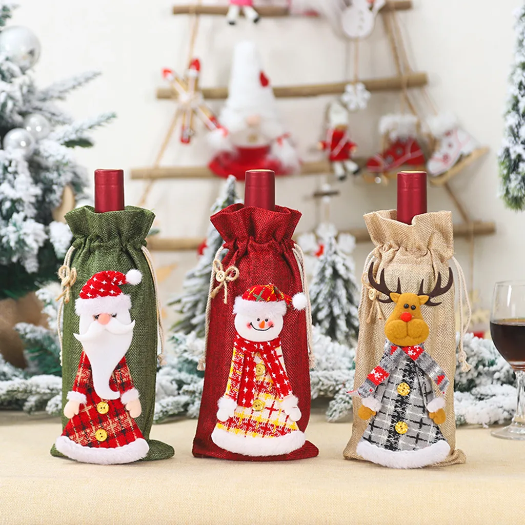 2020 Christmas Red Wine Bottle Covers Bag Santa Clause Snowman Linen Champagne Party Home Decor 64P | Дом и сад