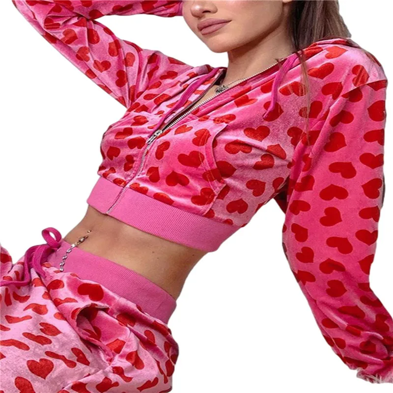 Y2K Pink Heart Velvet Autumn Sports 2PCS Outfit Long-Sleeved Hooded Zipper  Crop Top Jacket Loose Sweatpant for Women - AliExpress