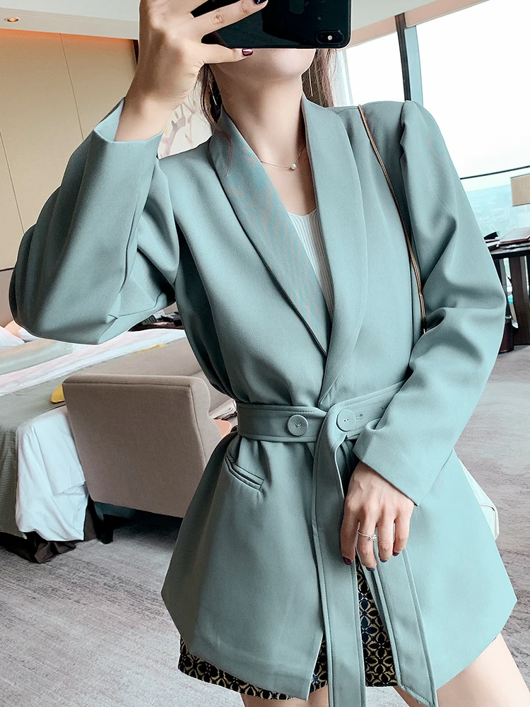Небесно-голубой European and American brand coat autumn new women's fashion wild temperament mid-length lace-up suit - Цвет: Небесно-голубой