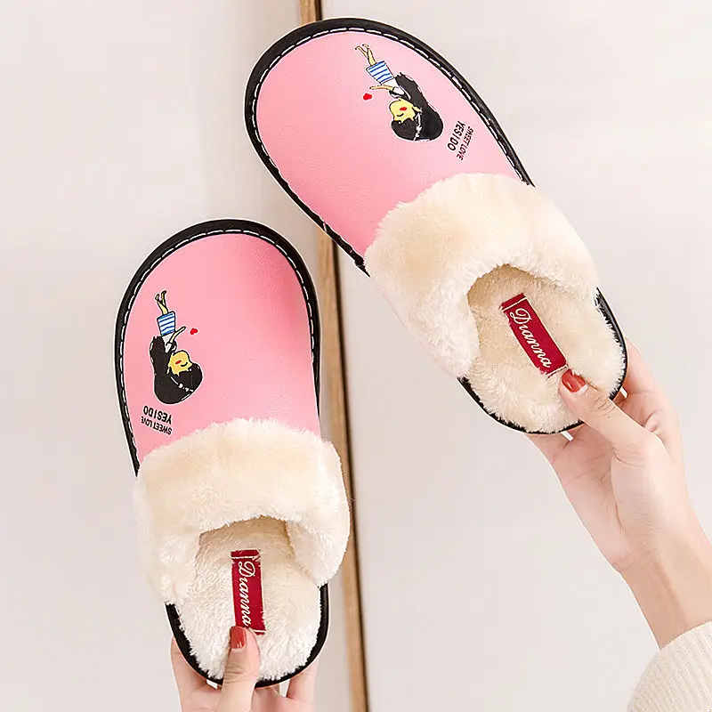 

PU Leather Waterproof Women Winter Slipper Warm Couple Flat Slippers Soft Leather Fashion Unisex Warm Slippers