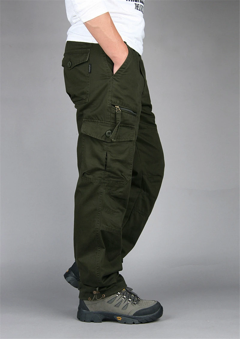 Брюки карго мужские военные Рабочие Комбинезоны свободные прямые тактические брюки мульти-карманные Мешковатые повседневные хлопковые брюки слаксы мужские - Цвет: army green-2