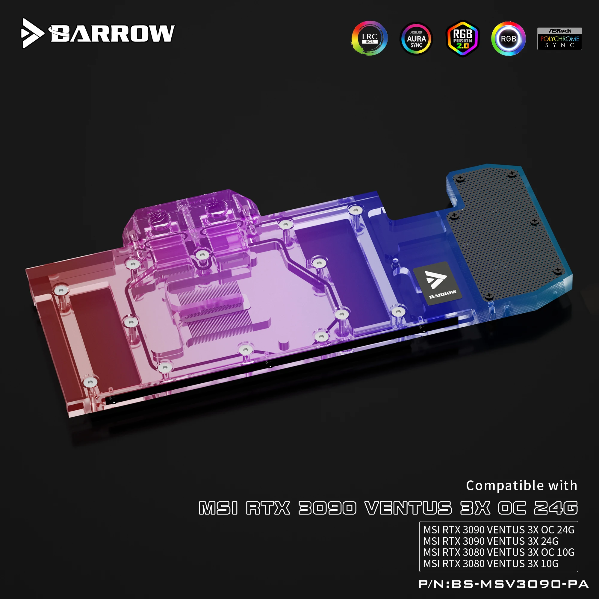 

Barrow GPU cooler PC Water Cooling video Water Block for MSI 3090 VENTUS Aurora LRC2.0 BS-MSV3090-PA