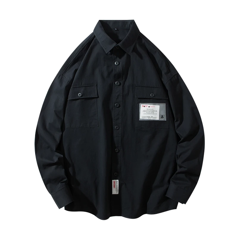 Safari Style Mens Shirts Patch Designs Solid Color Men Shirt Double Pocket Autumn Men Long Sleeve Shirt