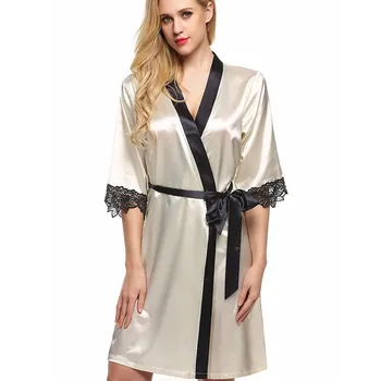 

Sexy Satin Silk Short Satin Robe Lace Kimono Women Sleepwear Summer Female Bathrobe Lingerie Clothes Home Femme