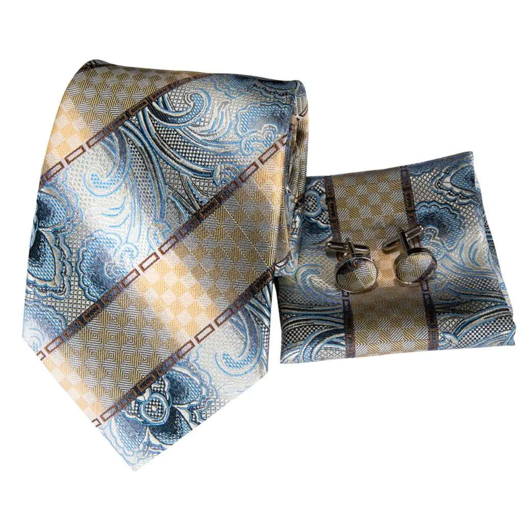 Hi-Tie Paisley 3Pcs Floral Men's Tie Hanky Cufflinks Set Silk 8.5cm Ties For Men Fashion Luxury For Wedding Party Business
