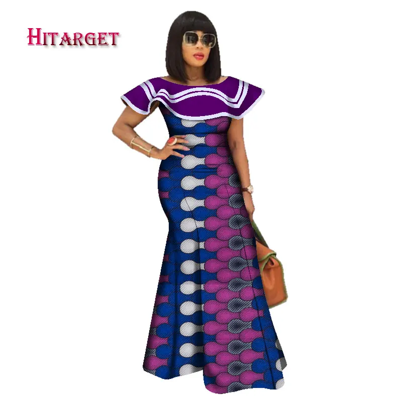 Базен Riche Африканский принт платья для женщин Сращивание рюшами шеи длинные макси платья Дашики размера плюс африканская женская одежда WY2550 - Цвет: 18