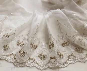 

Gold Thread Embroidery Rose lace Trim French flower Trim fabric DIY trim Wedding dress sewing Patchwork Craft 2 yards