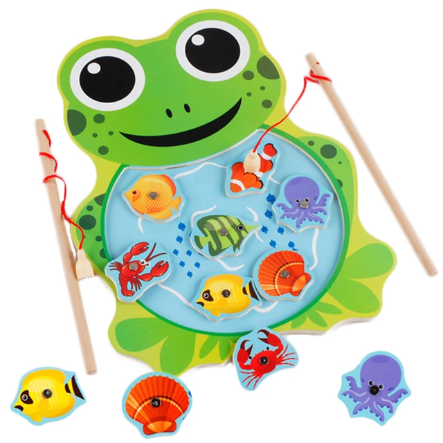 Kids Wooden Magnetic Fishing Toy Pretend Play Games Simulation Pond Fishing  Rod Kit Fine Motor Training