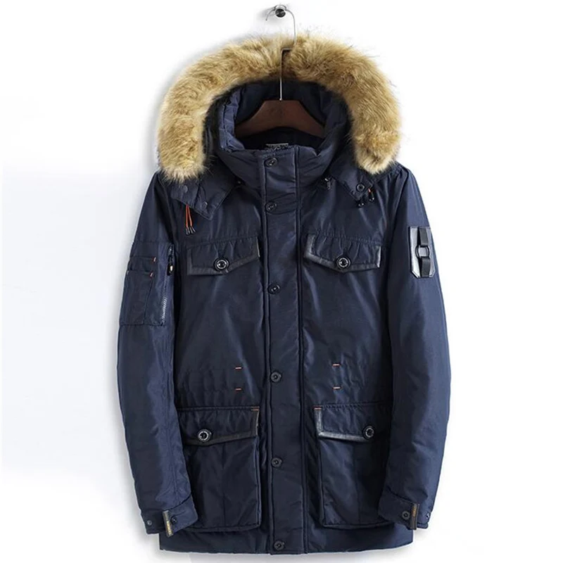 Зимнее длинное пальто с мехом, шапка, съемные утепленные куртки, мужская верхняя одежда, ветрозащитные парки с карманами, Мужская модная одежда - Цвет: 8824 dark blue