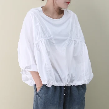 

[EWQ] 2020 Spring Summer New Pattern Round Collar Short Sleeve Solid Patchwork Pullovers Vintage Shirt Women large size AJ01201