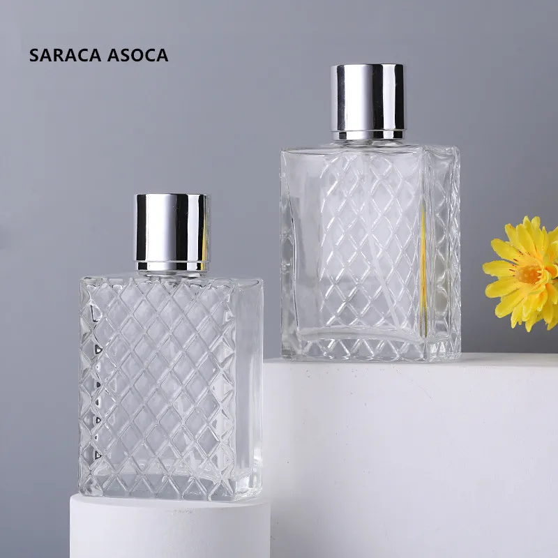 

100ml Square Grid Transparent Glass Perfume Spray Bottles With Silver Spasyer And Cap
