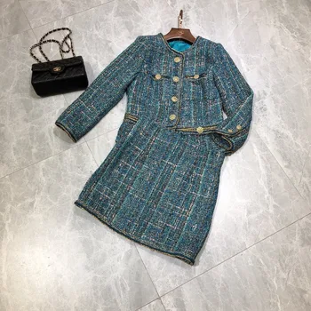 

New Tweed suit temperament of cultivate morality single breasted coat collar A word skirt outfit