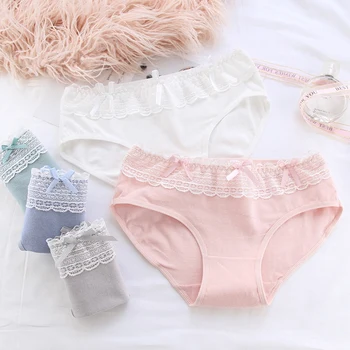 

Women's Underwear Sweet Lace Bow Panties Cotton Solid Color Underwear Cute Girl Briefs Middle Waist Panties Women Panties New